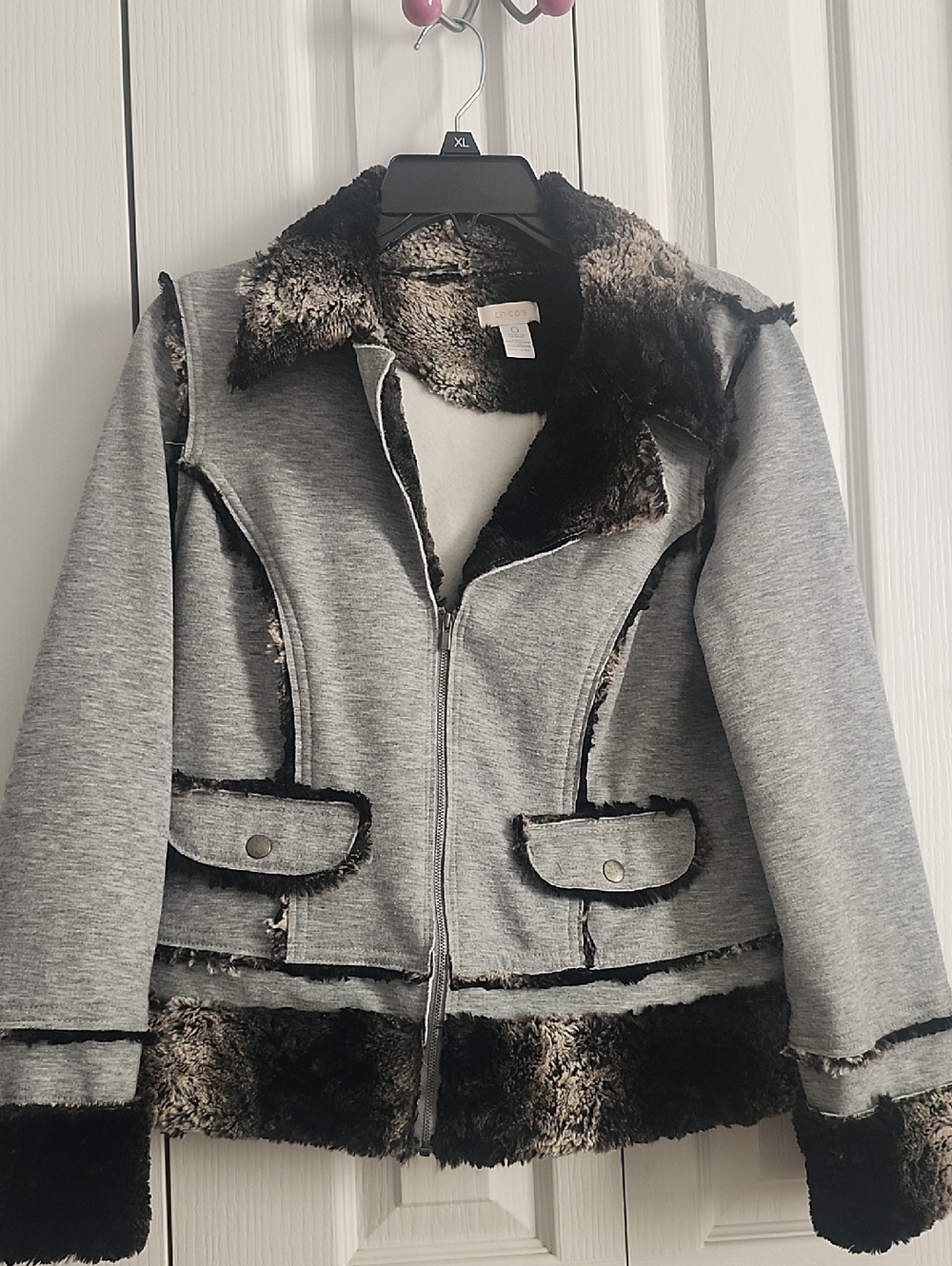 Chico's Grey Faux Fur Trim Zip Jacket
